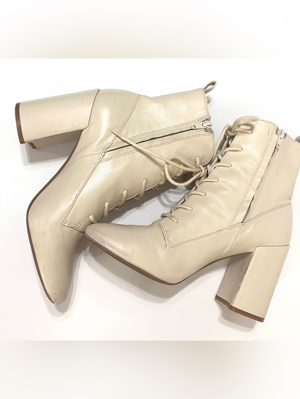 GB Gianni Bini Cream soft Leather Lace-Up Ankle Boots Side Zip Chunky Heel 8.5 - Picture 5 of 9